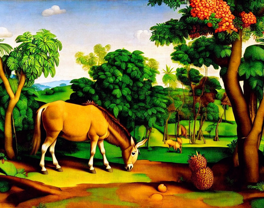 Vibrant painting of grazing horse in tropical landscape with pineapple.