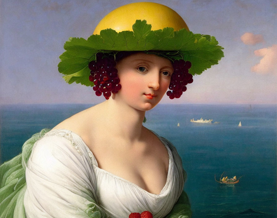 Woman with Citrus Fruit Hat Sitting by Sea with Ships in Background