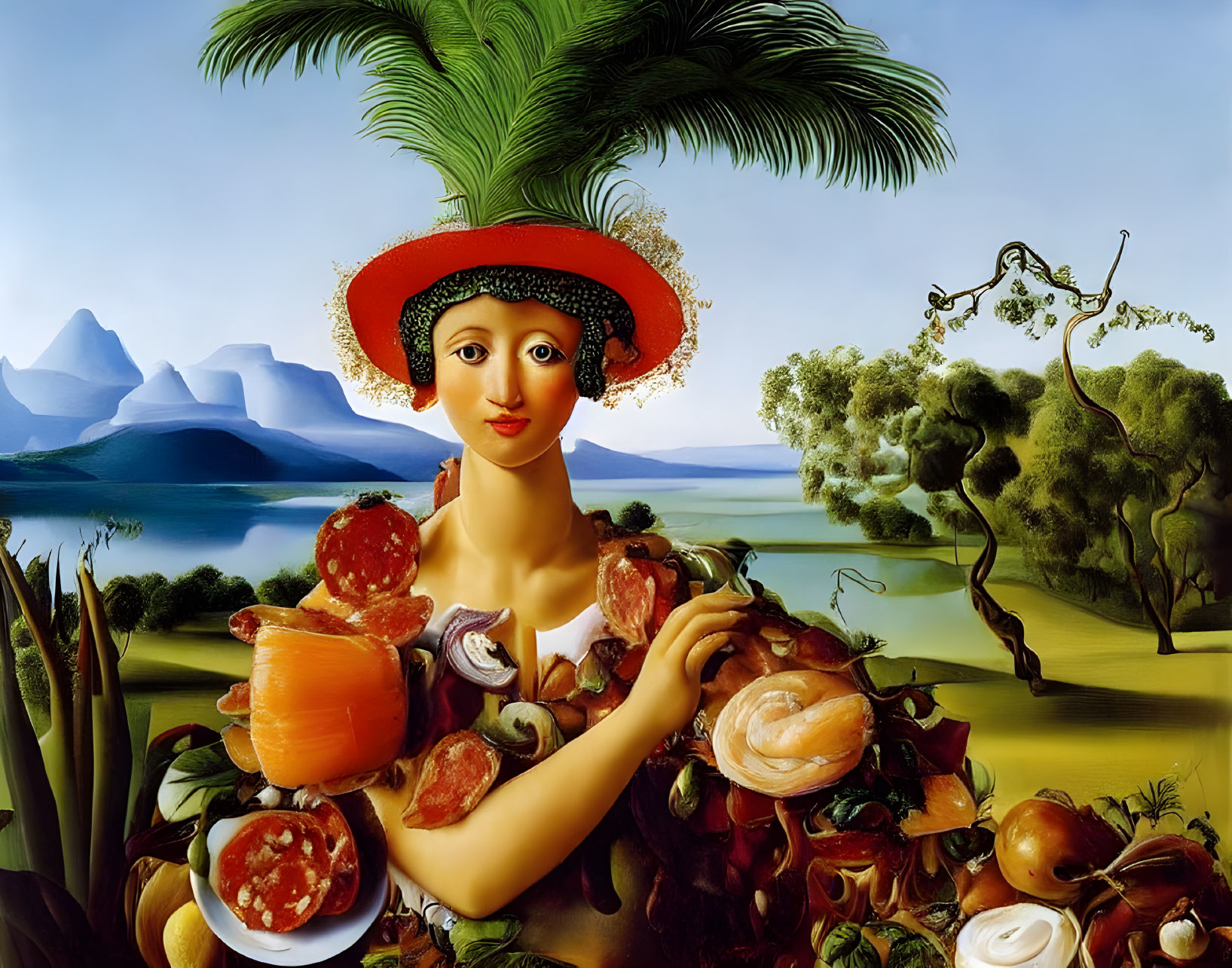 Surreal painting: Woman in fruit, meat, and bread dress with landscape background