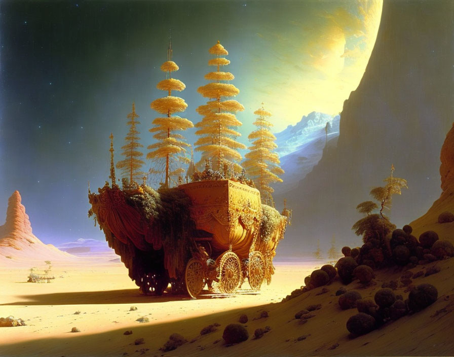 Large wheeled structure transporting trees in fantasy desert landscape