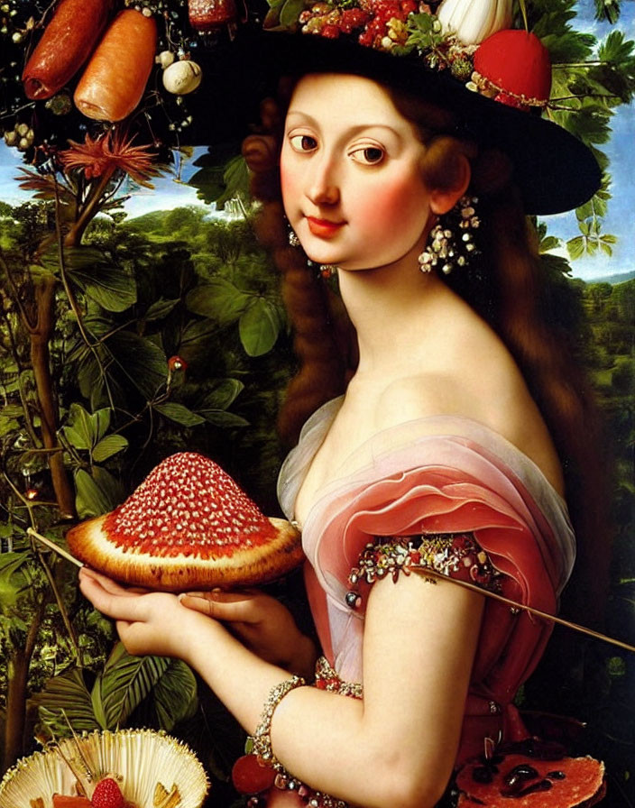 Portrait of woman in large fruit-adorned hat holding red mushroom