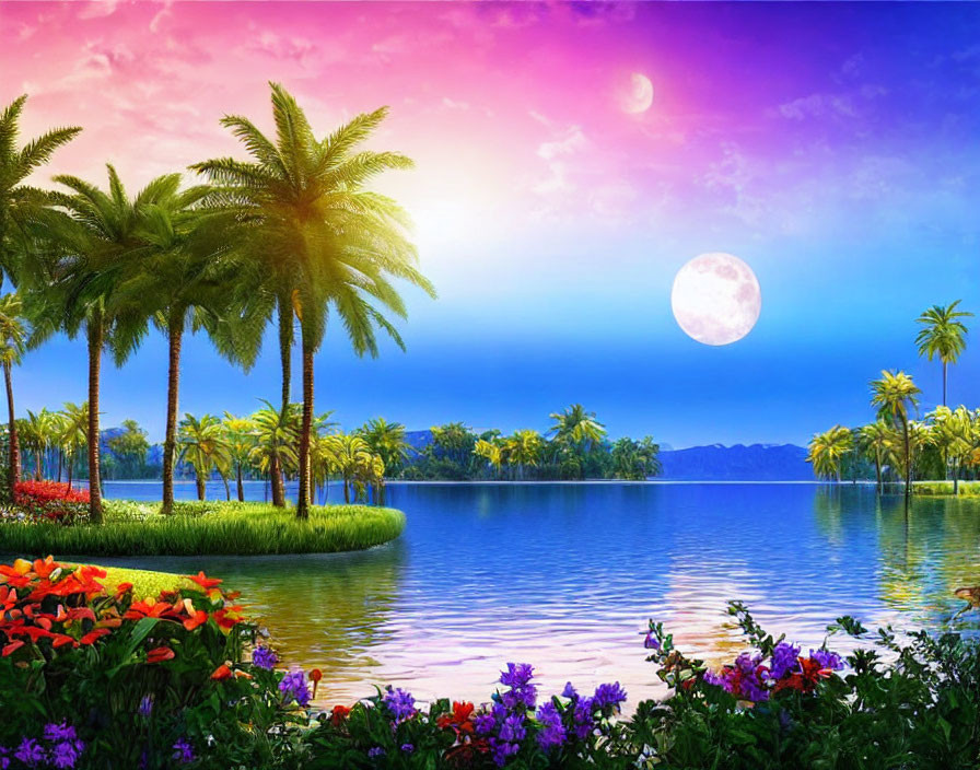 Colorful lakeside scene: palm trees, flowers, moon, sunset sky