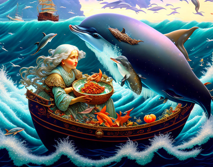 Fantasy scene: woman in boat with jewels, dolphins, fish, ship in blue ocean