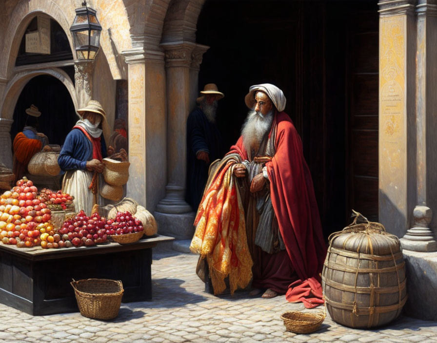 Vibrant marketplace painting with bearded man in red robe and fruit stall