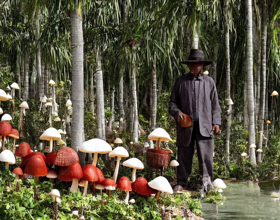 Person in Traditional Attire Among Oversized Mushroom Models by Pond