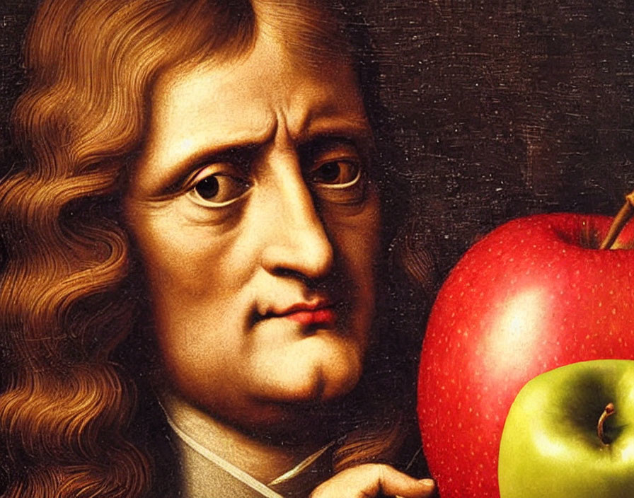 Historical figure portrait with long curly hair and red apple.