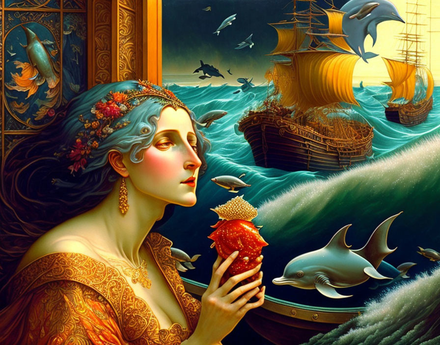 Ethereal woman in ornate attire with starfish, dolphins, and ancient ships amidst sea waves