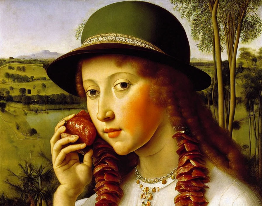 Fair-skinned young person with red hair holding apple in landscape portrait