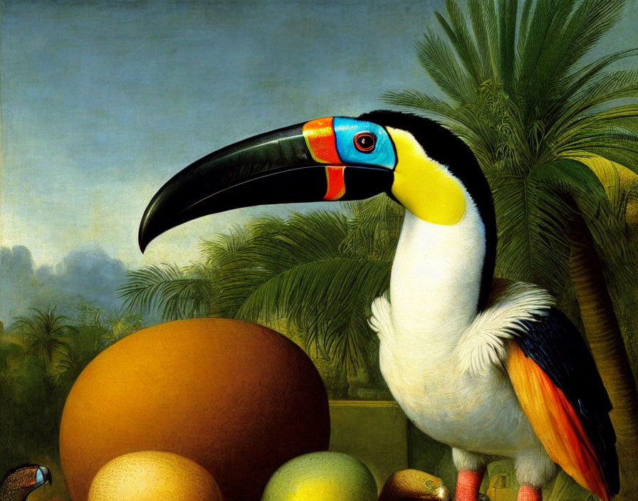 Colorful Toucan Painting with Large Beak and Eggs in Tropical Setting