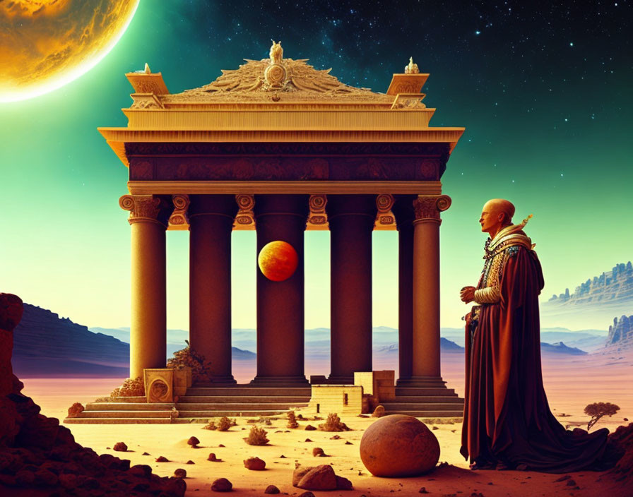 Robed Figure Contemplating Greek Ruins Under Alien Sky