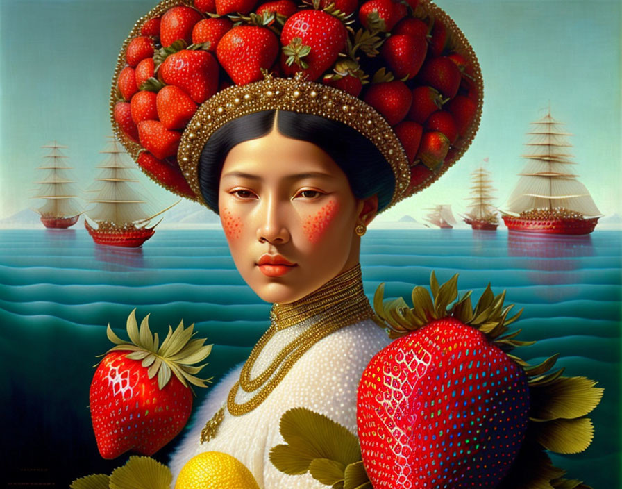 Surreal portrait of woman with oversized strawberry headdress and seascape background