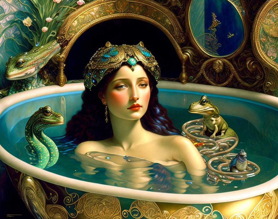 Woman in jeweled headdress bathes with frogs and snake in Art Nouveau room