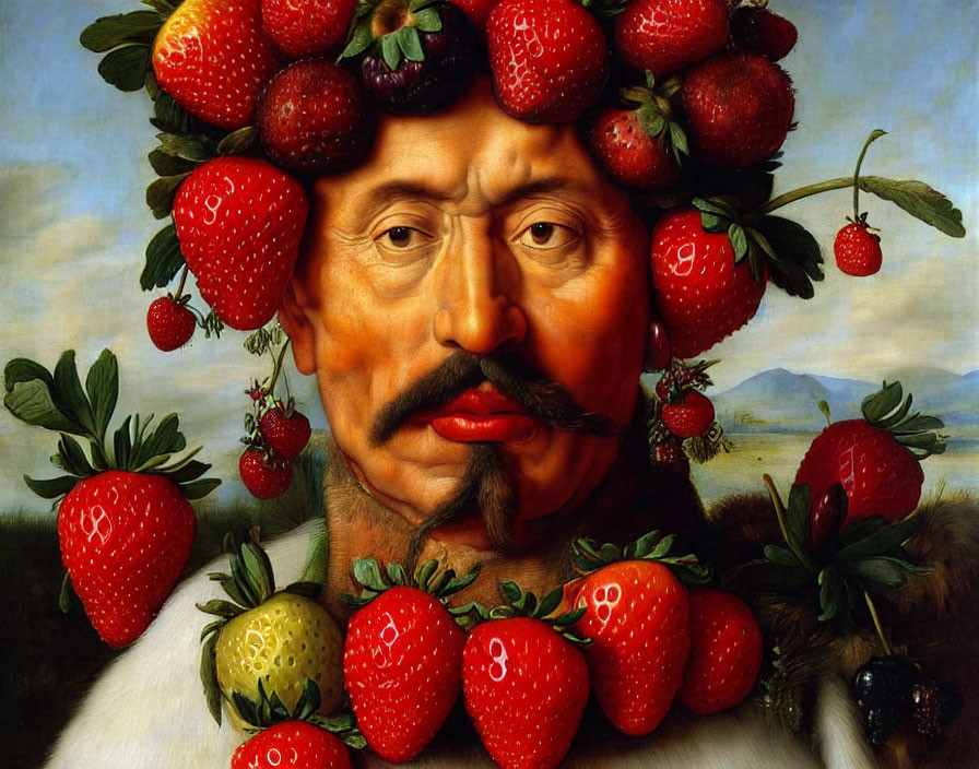 Man's Portrait with Strawberry and Berry Features on Landscape Background