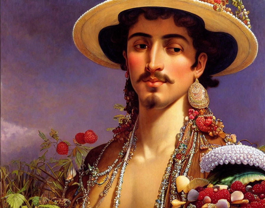 Person adorned with fruit hat, pearls & hoop earring portrait