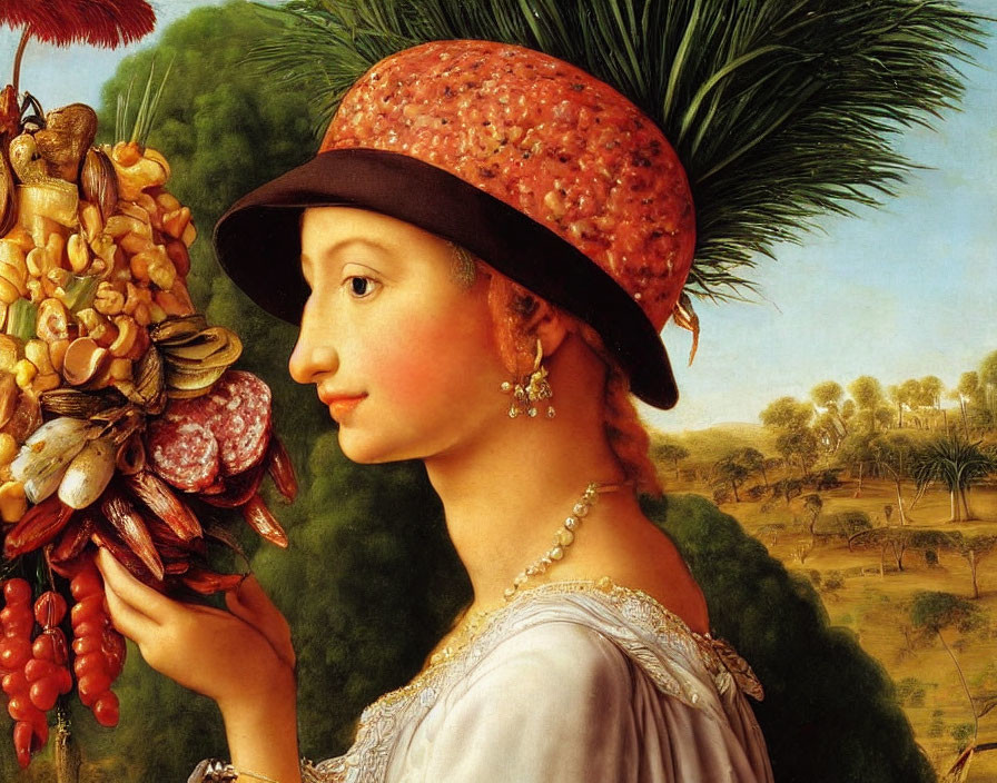 Renaissance portrait of young woman in red hat with exotic fruits and detailed landscape