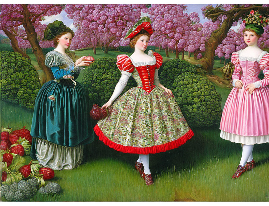 Three Women in Colorful Period Dresses in Surreal Orchard with Oversized Strawberries