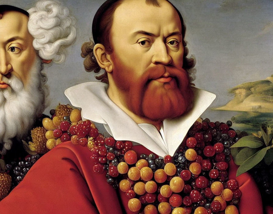 Surrealist portrait featuring a bearded man and fruit collar in a blended landscape with another profile figure