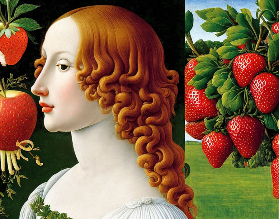 Woman with Long Curly Red Hair Next to Ripe Strawberries