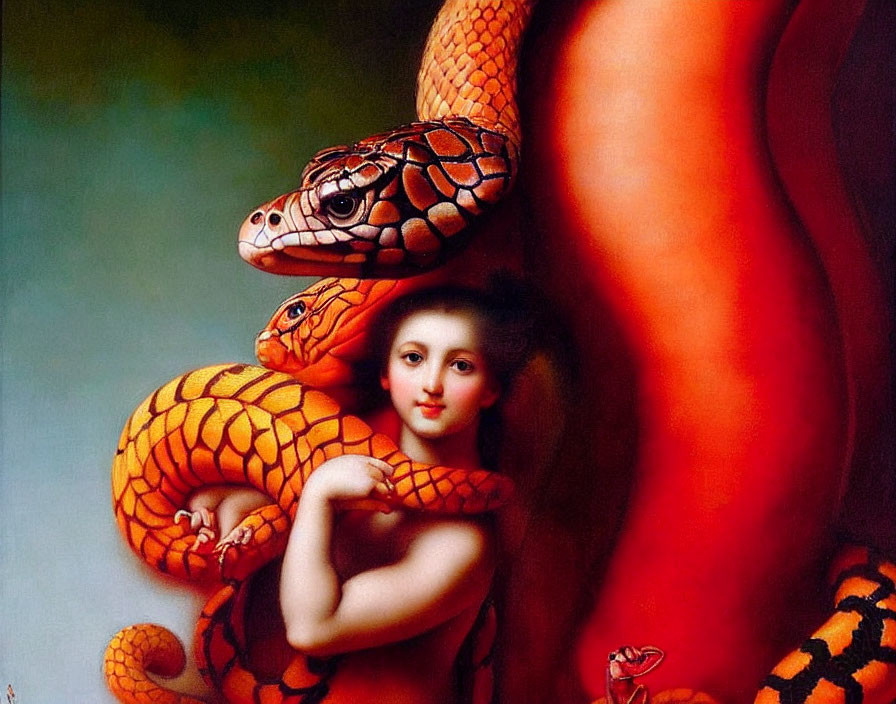 Surreal painting of child holding bright orange snake