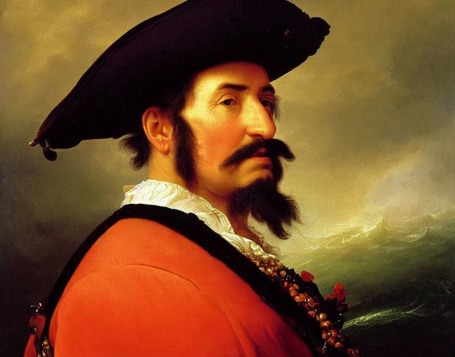 Man in historical attire with black hat and mustache against cloudy seascape