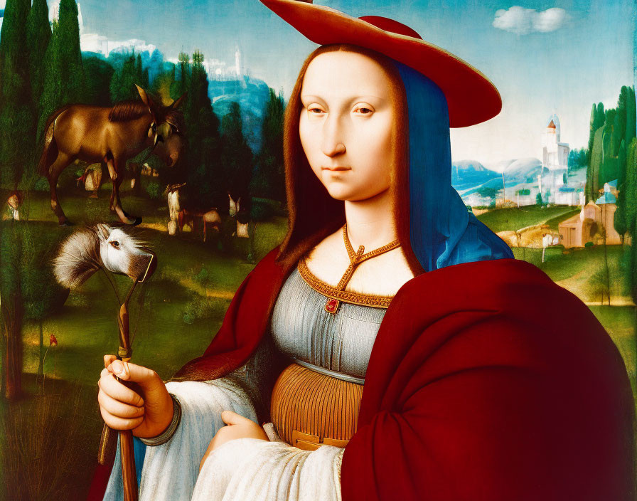 Renaissance portrait of a lady in red hat with ermine, donkey, and buildings