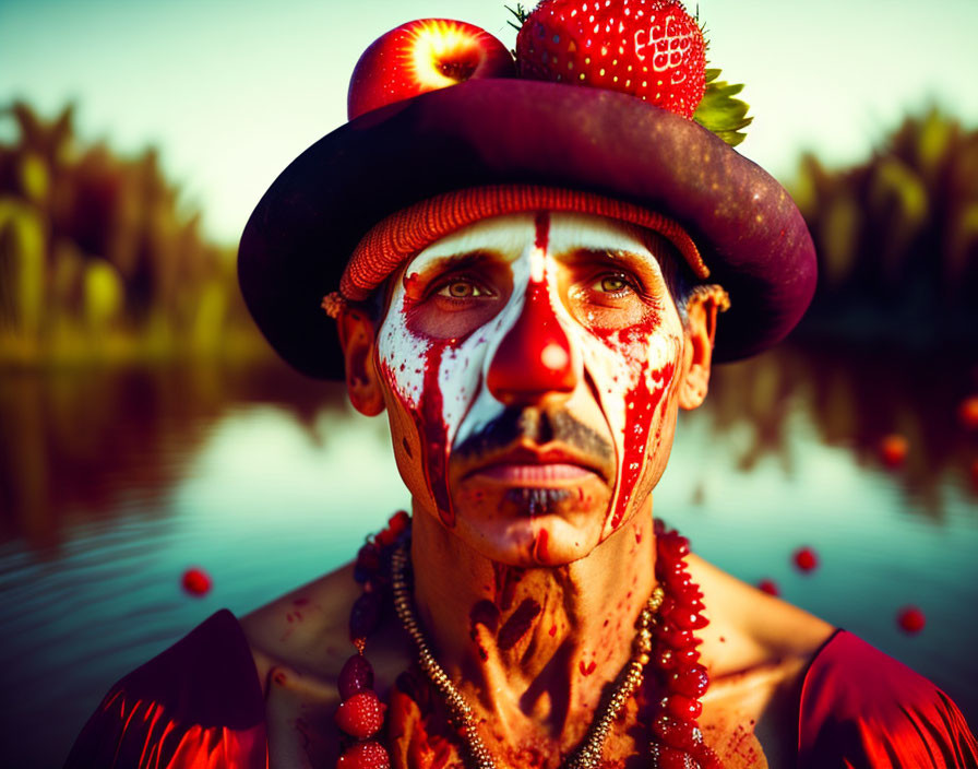 Intense person with red and white face paint and fruit hat poses by water