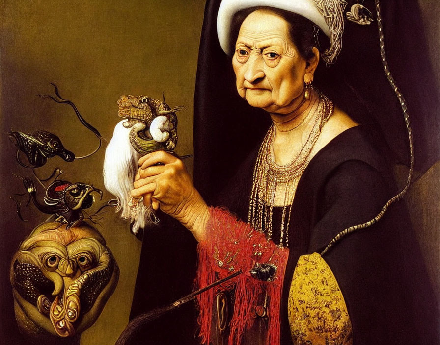 Elderly woman in historical attire with bizarre reptile and whimsical creatures