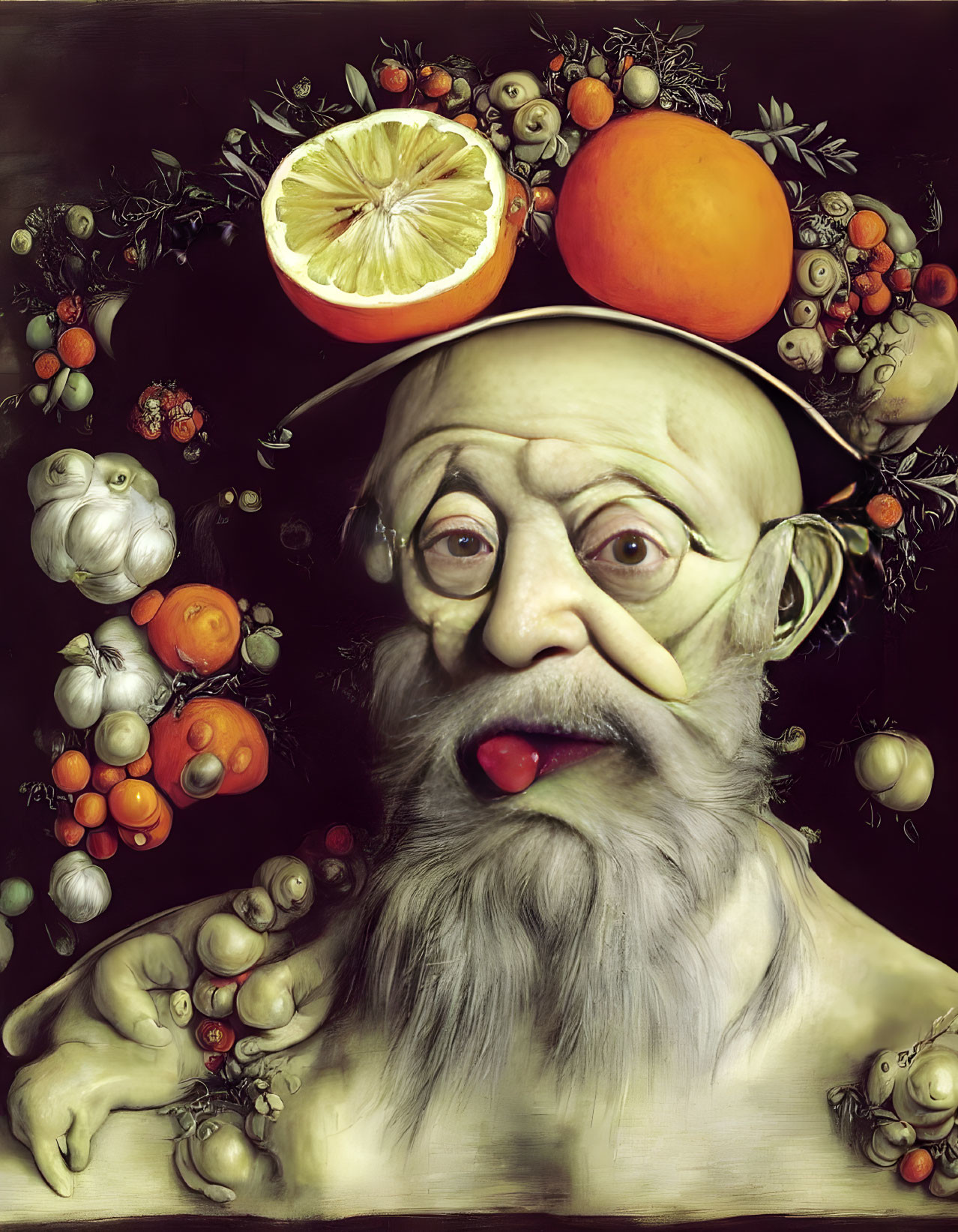 Man with Fruit Hat and Surreal Fruit Features