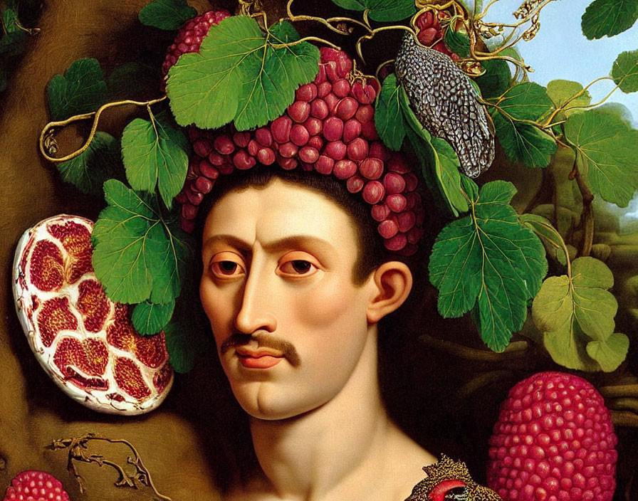 Surreal portrait featuring headpiece of ripe grapes, grape leaves, and sliced pomegranate