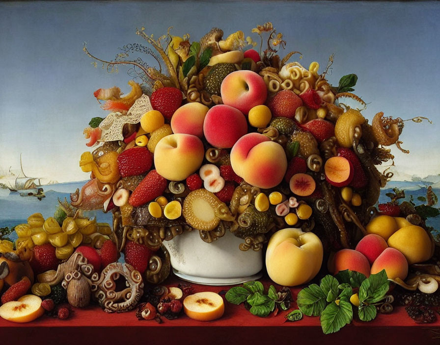 Vibrant still life painting with fruit and nautical theme