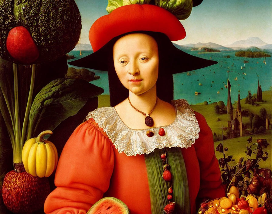 Surreal portrait of woman with fruits and vegetables in Renaissance landscape