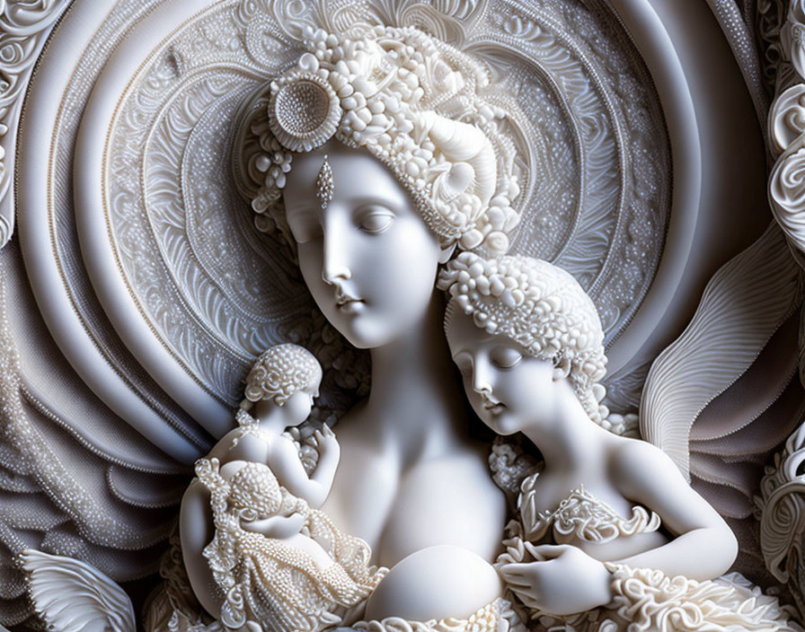 Detailed sculpture of woman, children with ornate headdress & floral motifs