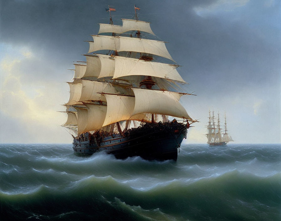 Sailing ships on stormy seas with full sails