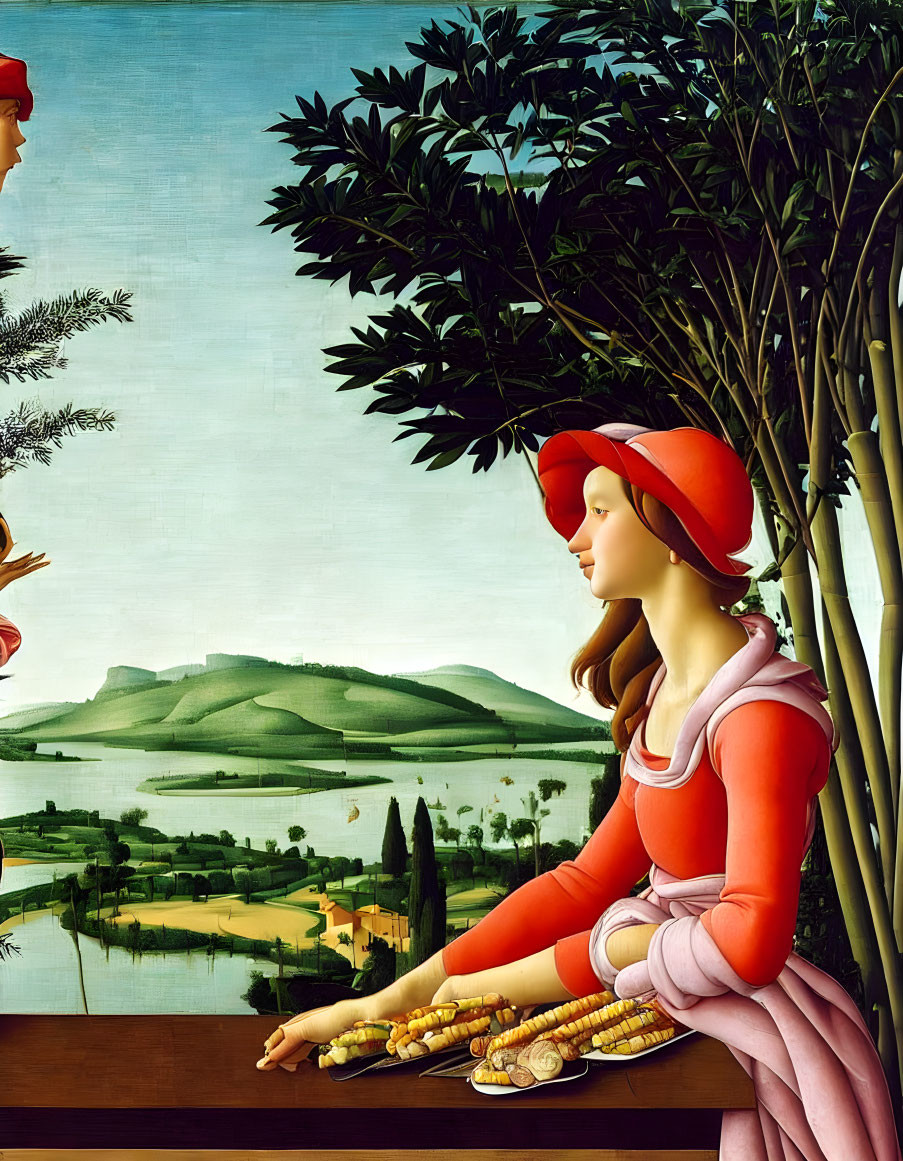 Woman in Red Hat and Dress by Ledge with Landscape and Branches