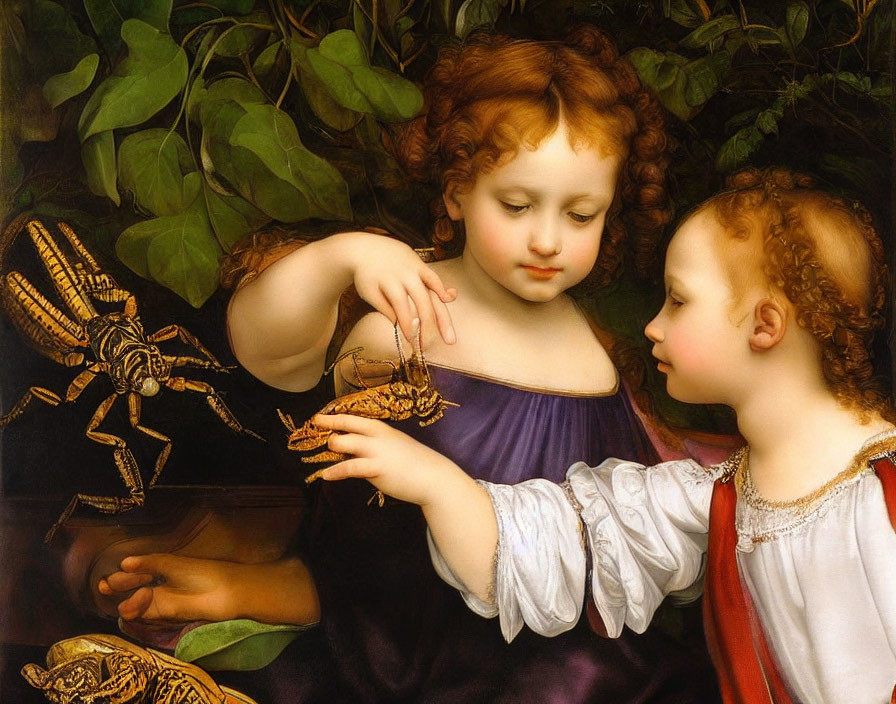 Two curly-haired children exploring butterflies in a painting