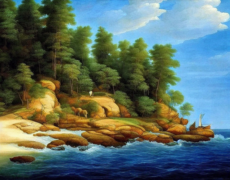 Tranquil seascape painting with lush forest, sandy beach, calm waters