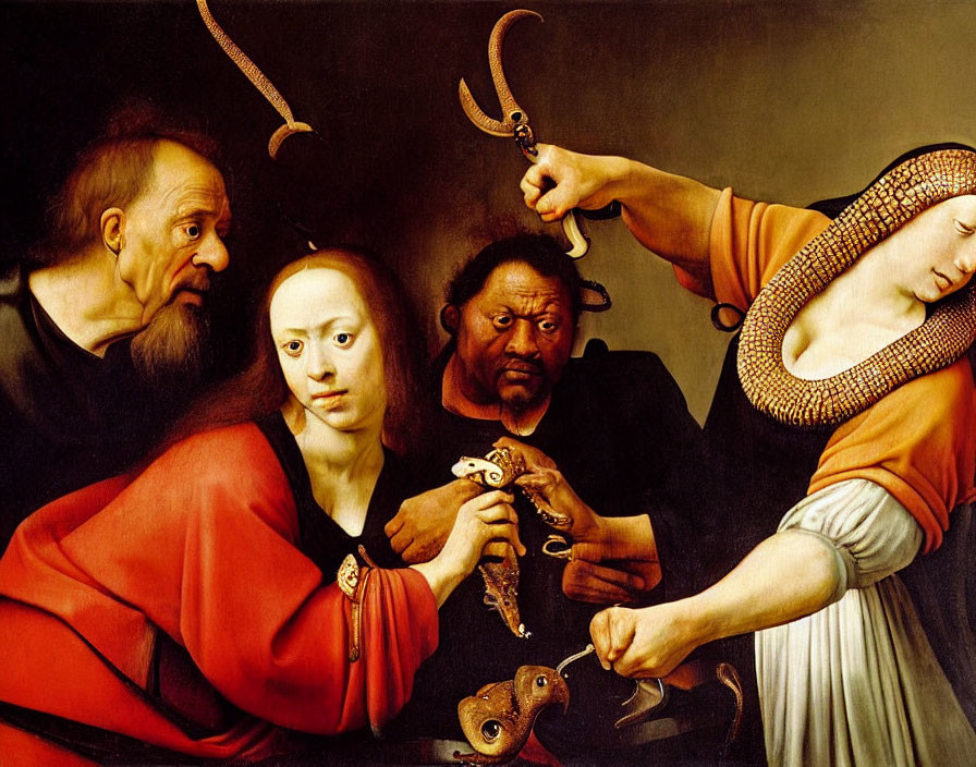 Oil painting featuring four figures: old man with sickle, woman with serpents, distressed man