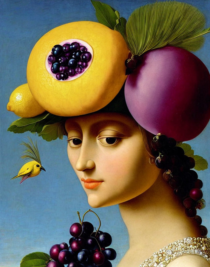 Surreal portrait featuring woman's face with fruits and bird.