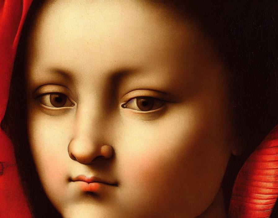 Classical painting close-up: cherubic face, soft features, shaded eyes, red garment.