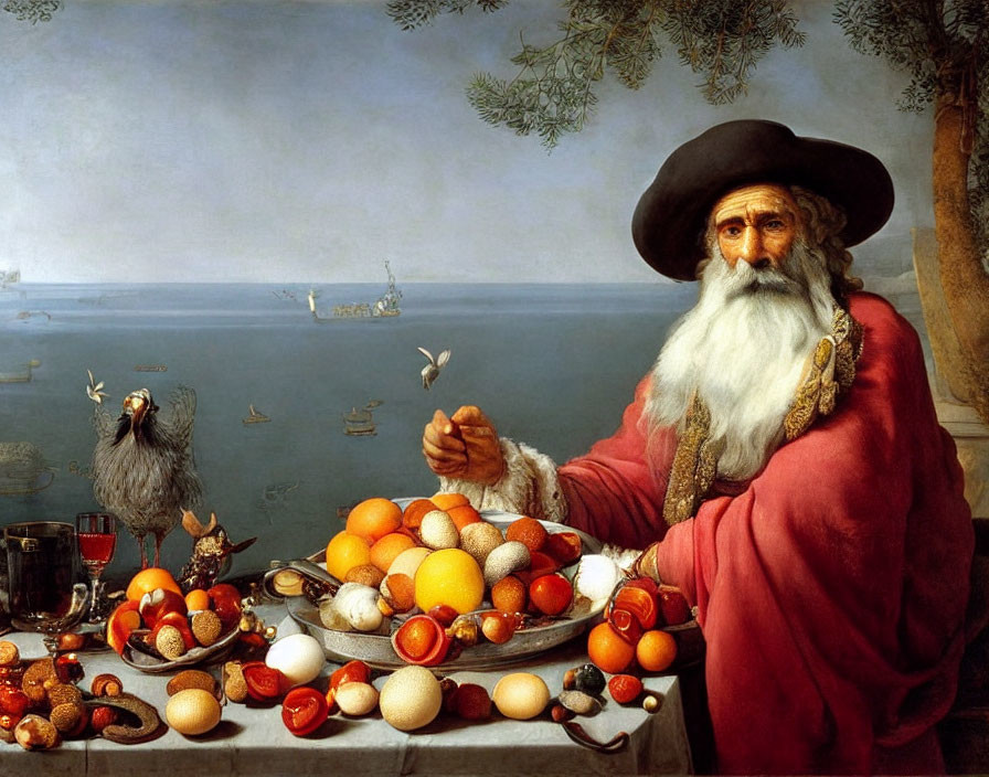 Elderly man with beard and red cloak at table with fruit, dove on hand, water and