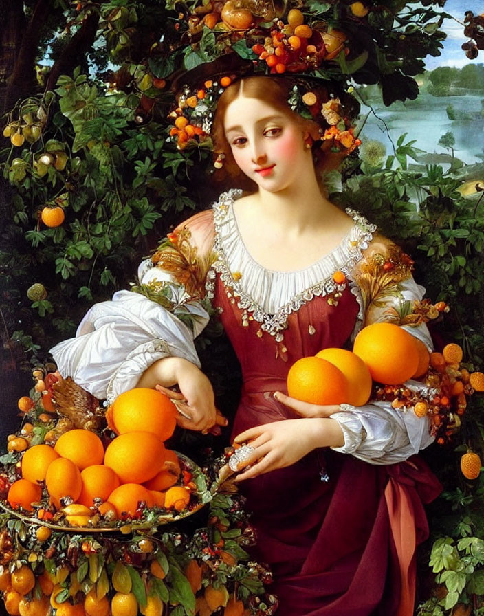 Woman with Fruit Wreath and Basket in Landscape Portrait