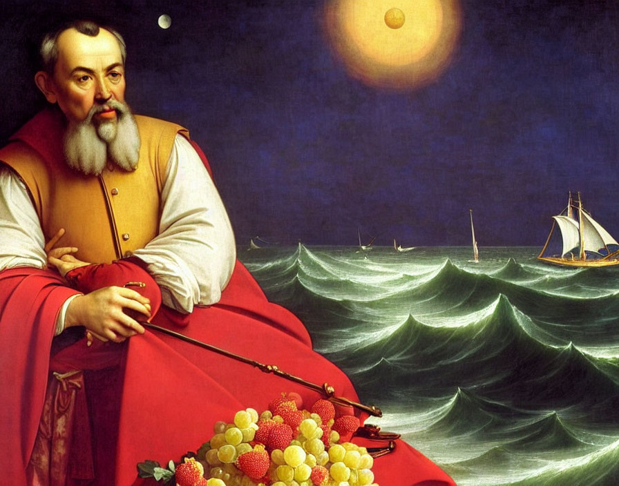 Bearded man in red cloak with staff by grapes, moonlit sea & sailing ships