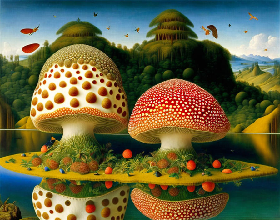 Surreal painting: Oversized mushrooms with landscapes, flying fish, serene nature.