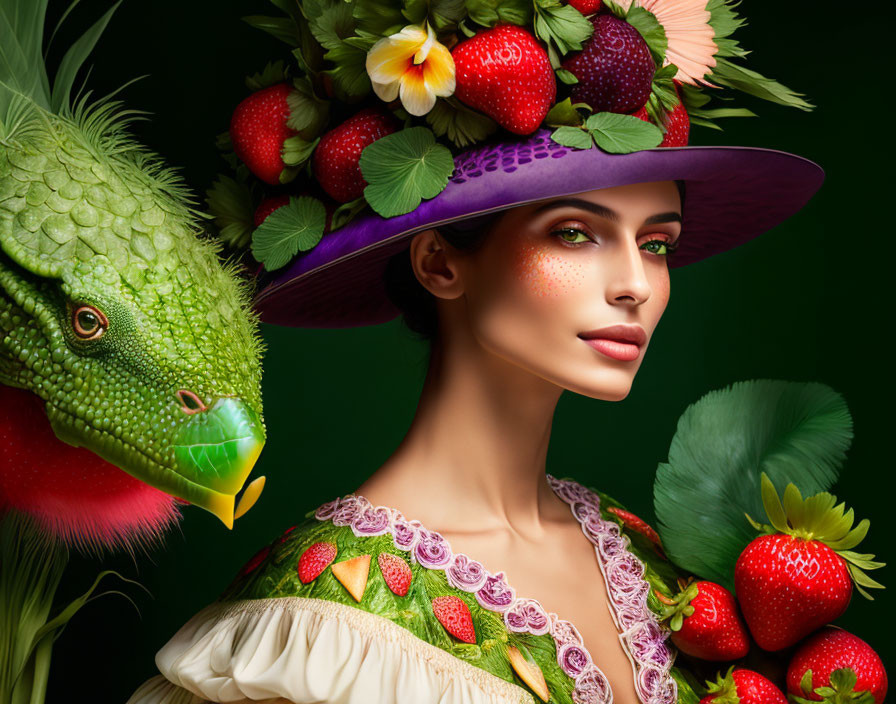 Woman with Fruit-Adorned Hat and Striking Makeup Poses with Iguana