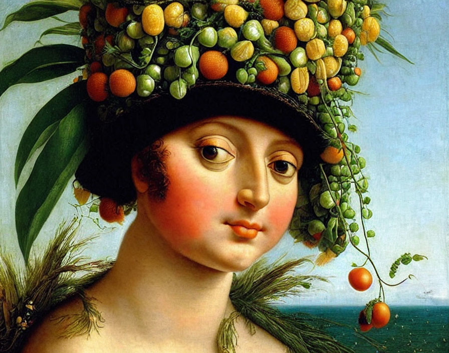 Woman with Fruit Hat Painting on Pale Blue Background