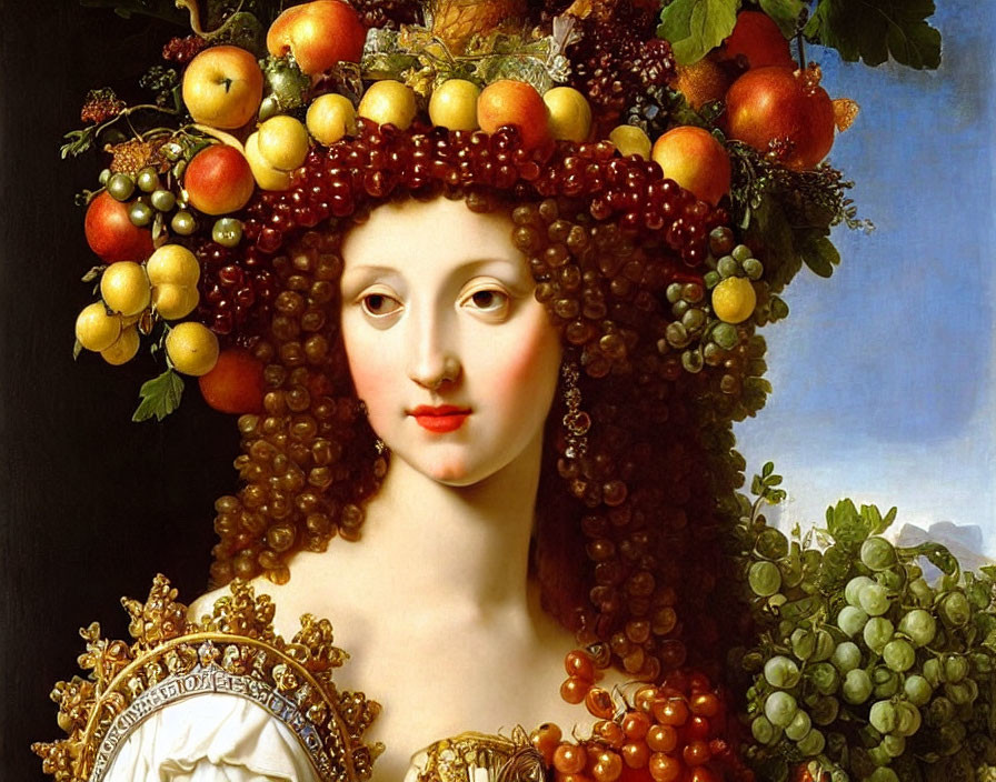 Classical portrait of a woman with fruit headdress in ornate frame