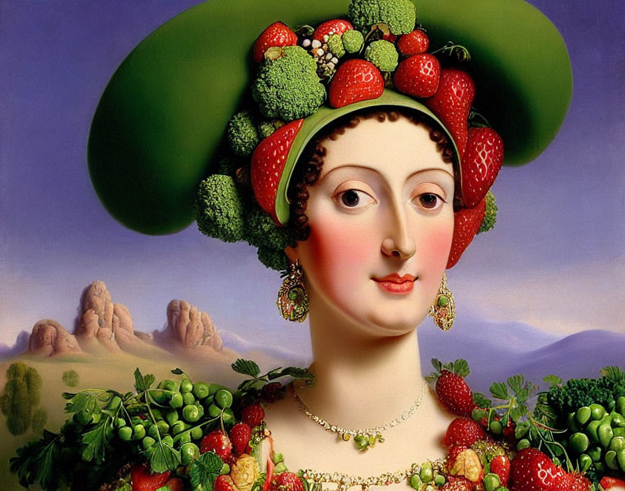 Surreal portrait: Woman with fruit hat in desert landscape