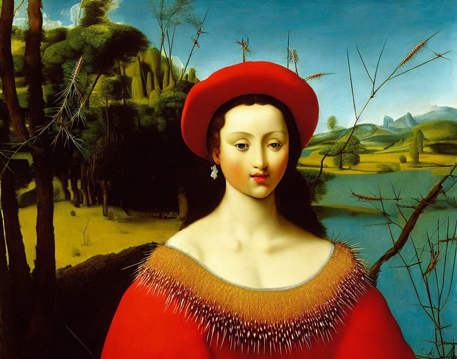 Woman in Red Hat and Shawl Against Serene Landscape