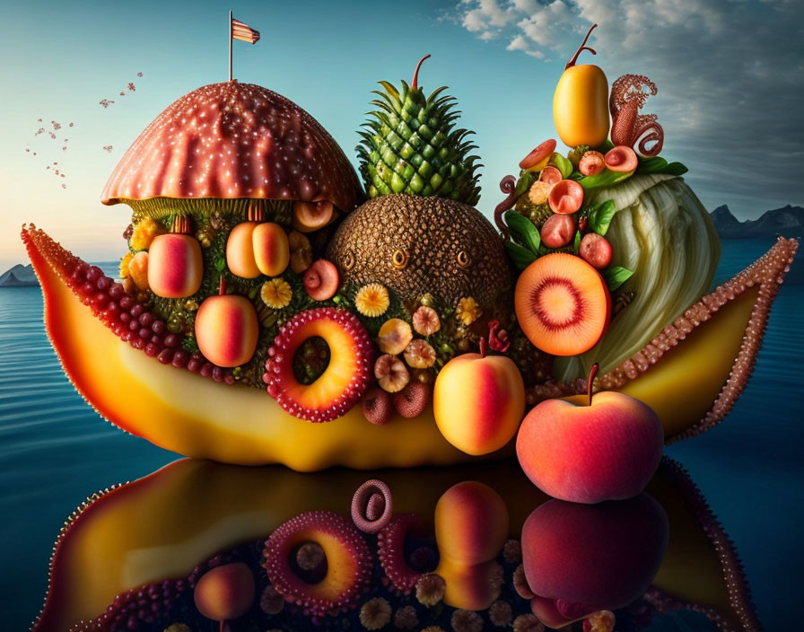 Surreal banana boat with fruits, veggies, and burger on sea at sunset