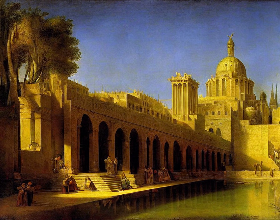 Classical painting of arcade, people in period attire, majestic buildings near water.